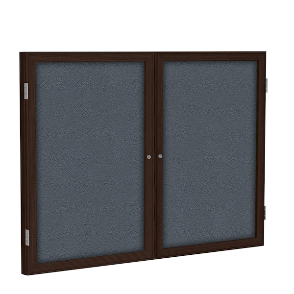 Enclosed Bulletin Board, 2 Door, Fabric, Walnut Frame, 3 ft H x 4 ft W, Gray